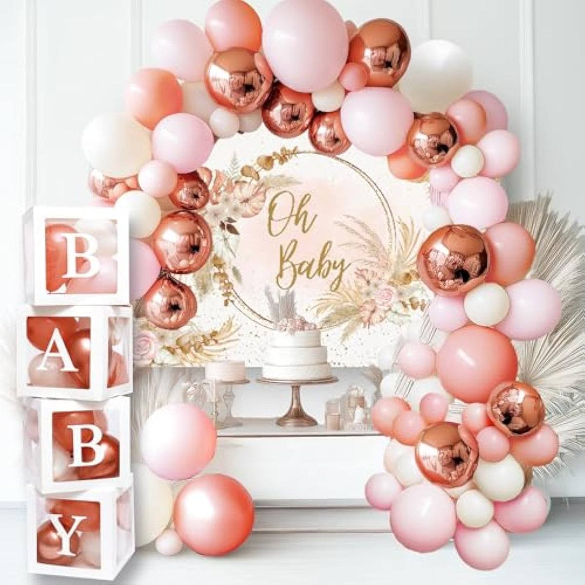 136 Pcs Boho Pink Baby Shower Set – Oh Baby Sign, Garland & Balloon Boxes