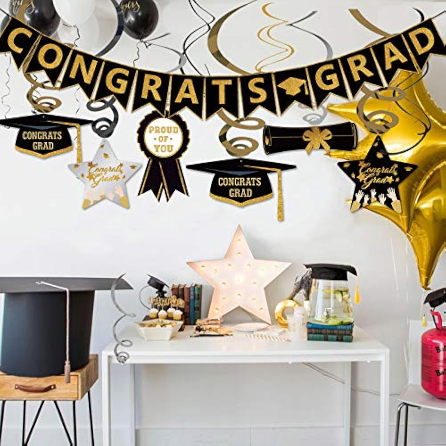 Graduation Hanging Swirl Banner Decorations, Black Gold Silver Star Ba