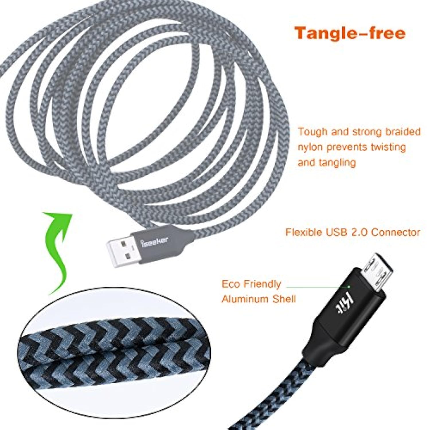 Usb Cable 15Ft Extra Long Braided Micro Usb Charging Cords [2Pack] Compatible For Android/Windows/Ps4 Controller/Samsung Galaxy S7 S6 Plus And More(Black)