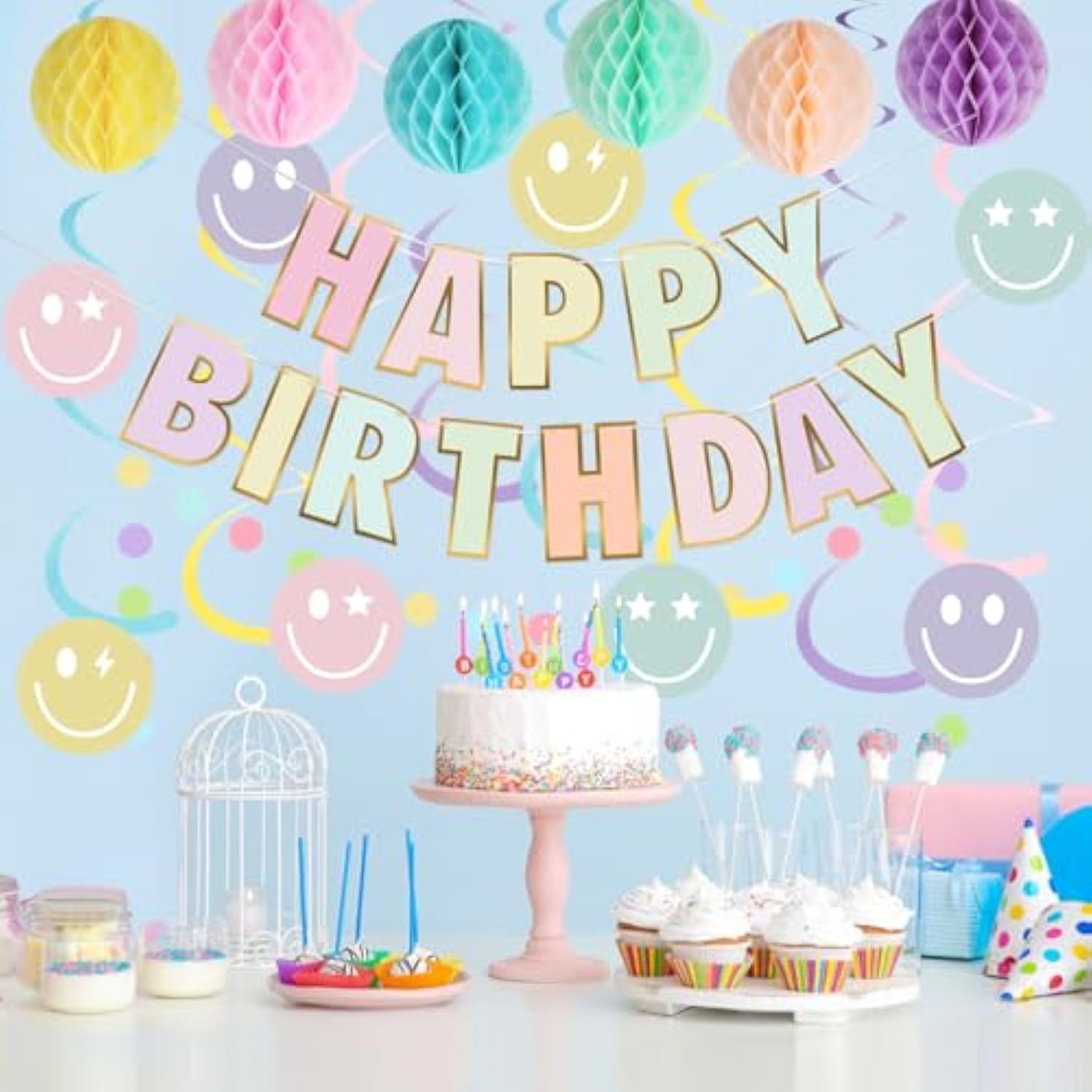 Birthday Decorations, No Diy, Pre-Strung Happy Birthday Banner With Honeycomb Balls, Hanging Swirls, Circle Dots Garland, Happy Birthday Party Decorations For Women Men Boys Girls (Pastel)