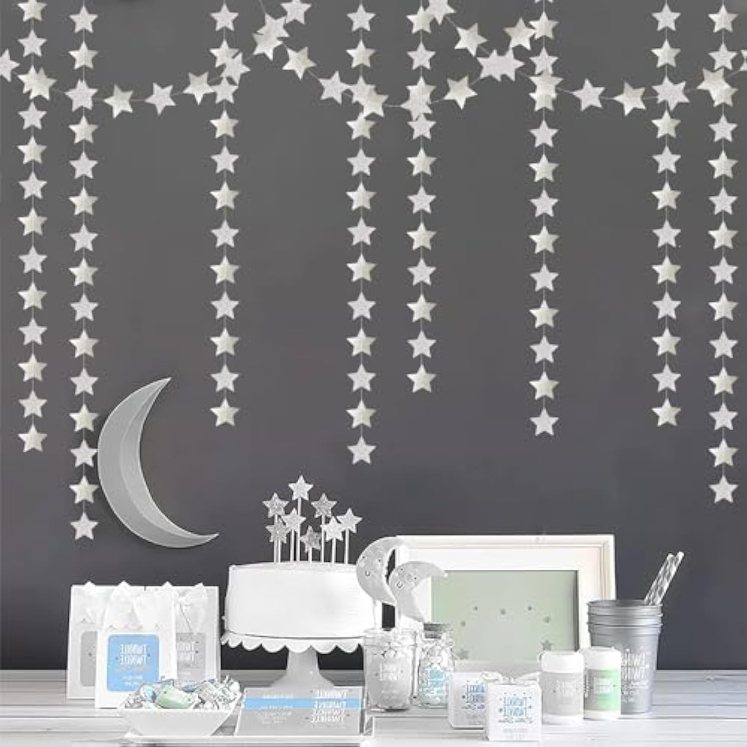 Glitter-Silver Party-Decorations Star Christmas Garland - 62Ft Birthday Twinkle Little Star Hanging Streamers Banner,Bachelorette Engagement Wedding New Years Supplies Decor