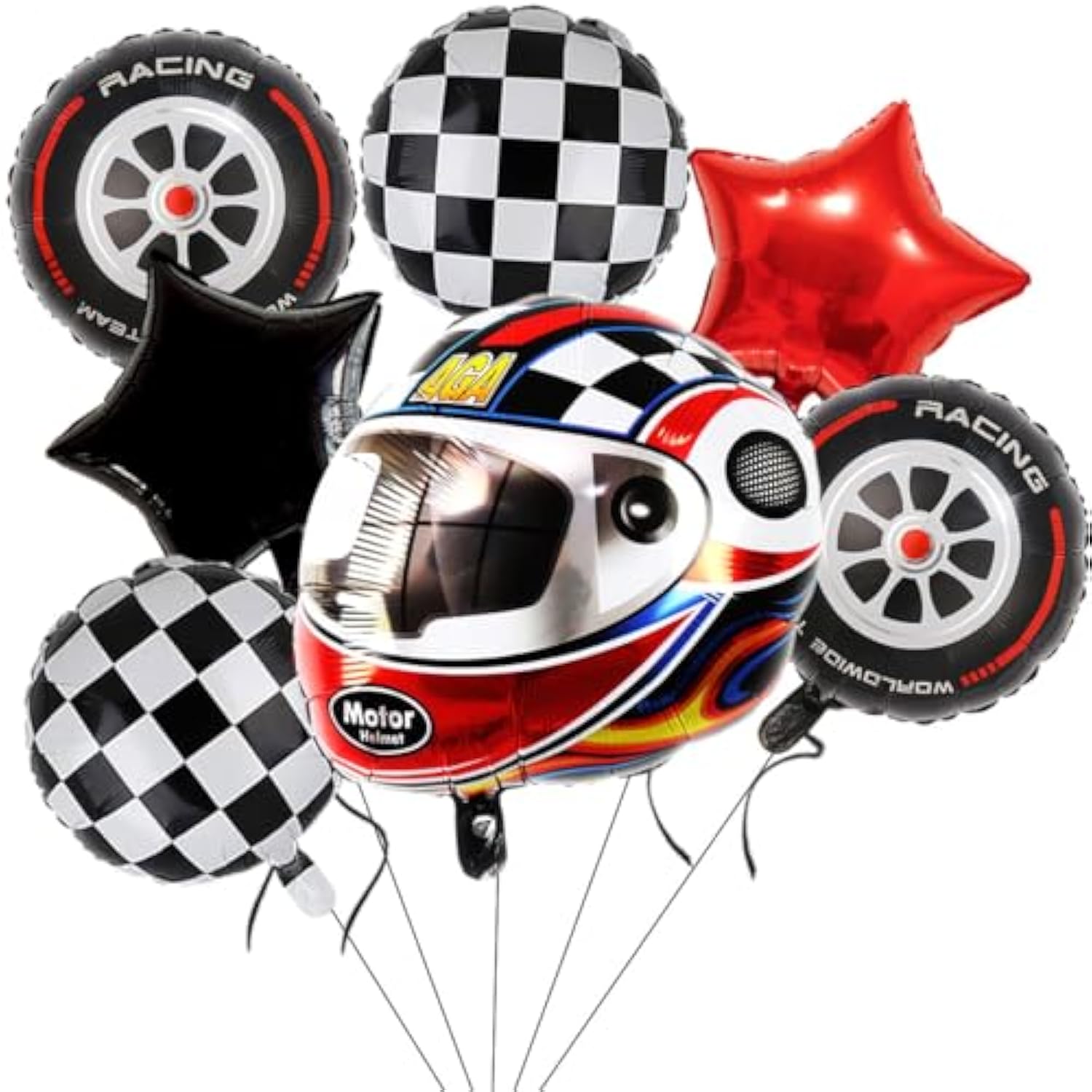 Race Car Helmet Balloons, Wheels Tire Birthday Party Supplies, Black And White Foil Checkered Balloons, Boys Bicycle Motorcycle Truck Theme Party Decorations 7 Pcs