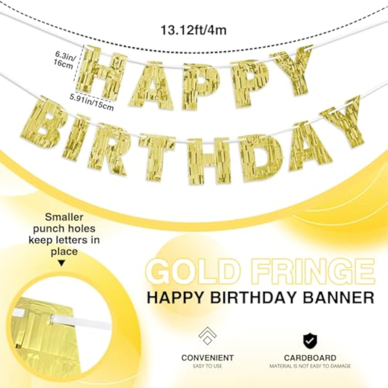 Gold Happy Birthday Banner 9ft — Pre-Strung Glitter Foil Party Garland