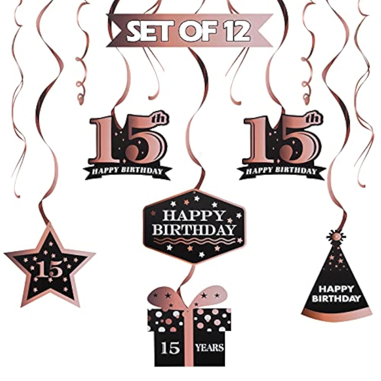 Happy 15Th Birthday Decorations - 12Pcs Birthday Black & Rose Gold Foil Swirls Streamer Set,Cheers To Fifteen Years Old Bday Party Decorations Gift Sign.
