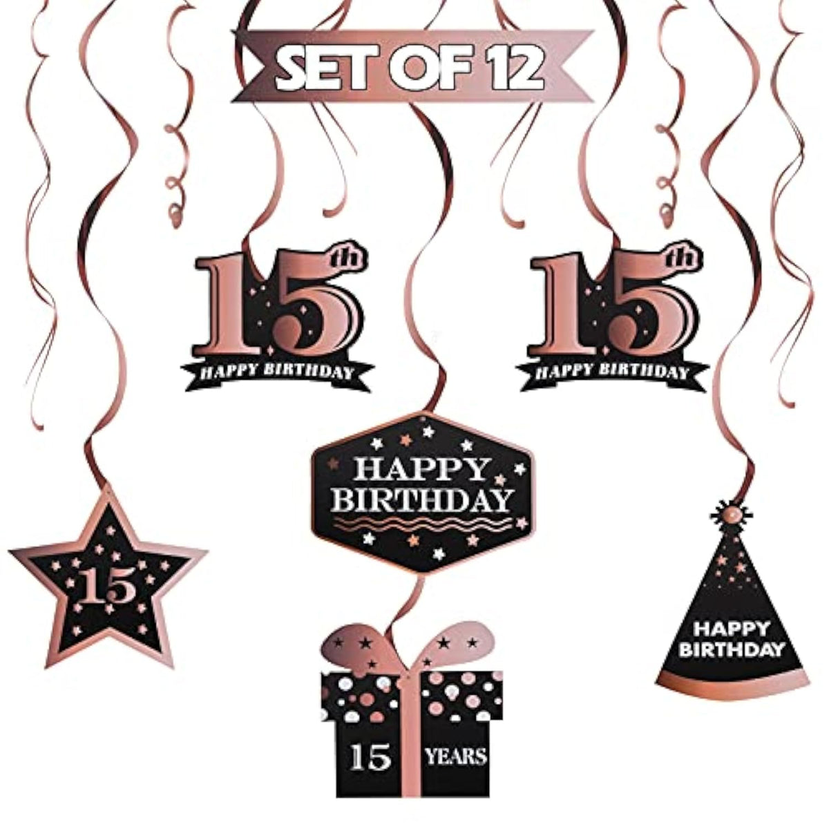 Happy 15Th Birthday Decorations - 12Pcs Birthday Black & Rose Gold Foil Swirls Streamer Set,Cheers To Fifteen Years Old Bday Party Decorations Gift Sign.