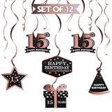 Happy 15Th Birthday Decorations - 12Pcs Birthday Black & Rose Gold Foil Swirls Streamer Set,Cheers To Fifteen Years Old Bday Party Decorations Gift Sign.