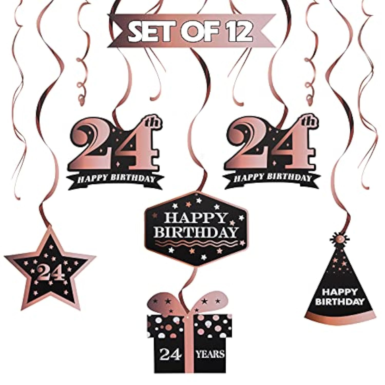 Happy 24Th Birthday Decorations - 12Pcs Birthday Black & Rose Gold Swirls Streamer Set,Cheers To 24 Years Old Bday Party Decorations Gift Sign.