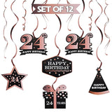 Happy 24Th Birthday Decorations - 12Pcs Birthday Black & Rose Gold Swirls Streamer Set,Cheers To 24 Years Old Bday Party Decorations Gift Sign.