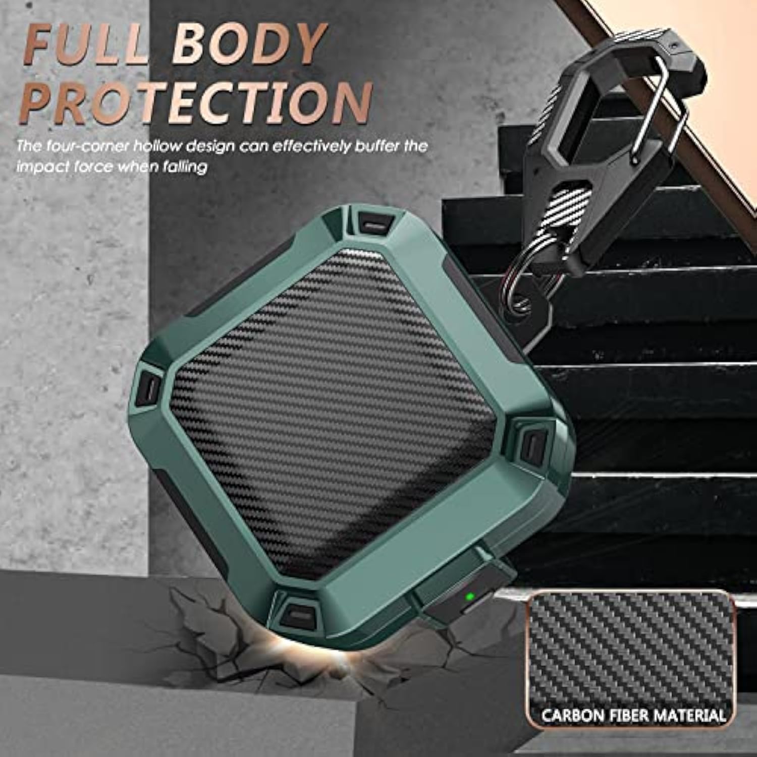 With Safety Lock Case For Beats Fit Pro 2021, Carbon Fiber Material Shock-Absorbing Hard Shell Beats Fit Pro Earbuds Case Cover With Keychain/Storage Box/Cleaning Kit - Green