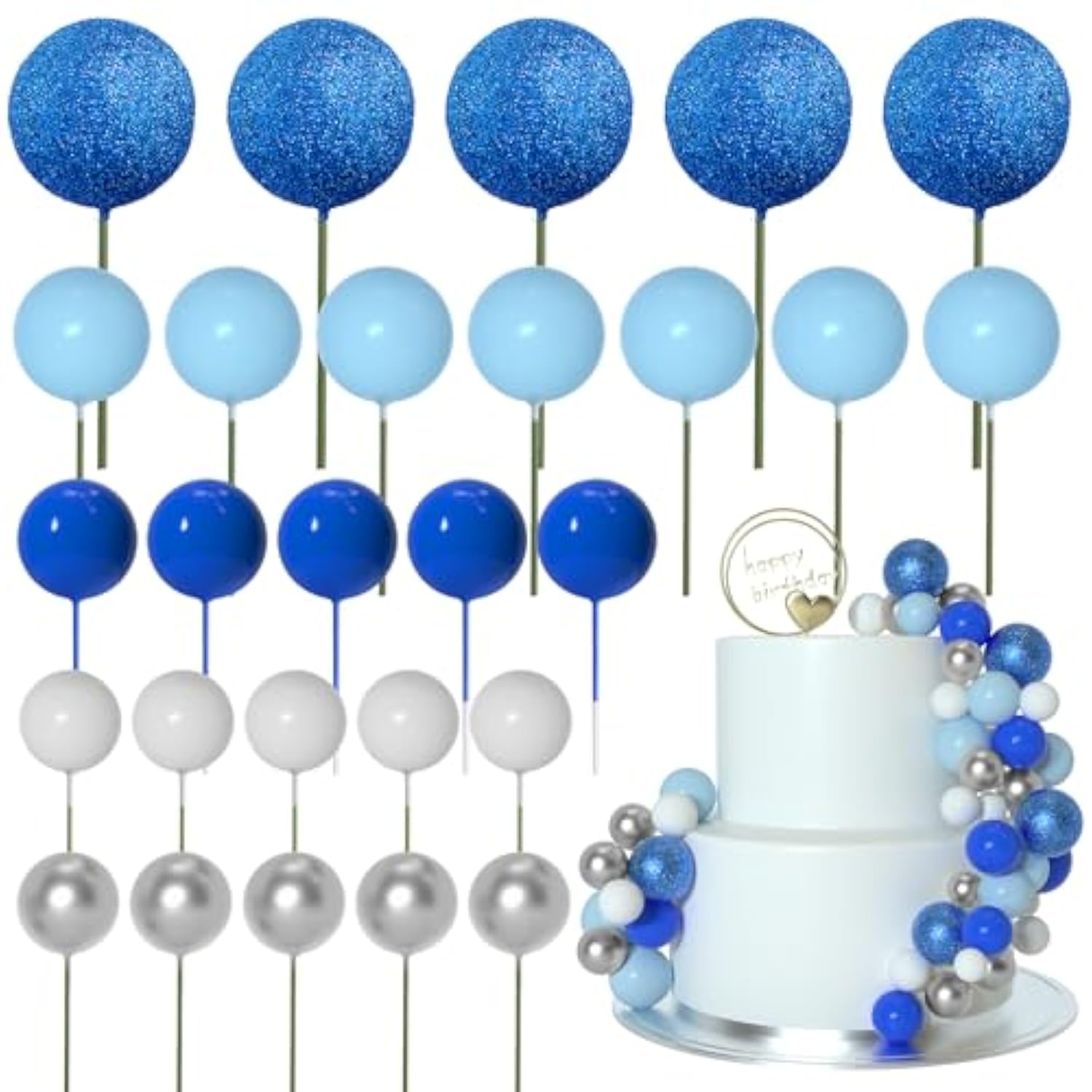 50 Pcs Ball Cake Topper Sticks Mini Balloons For Decorating Supplies Foam Balls Cake Toppers For Baby Shower, Birthday - Blue Series