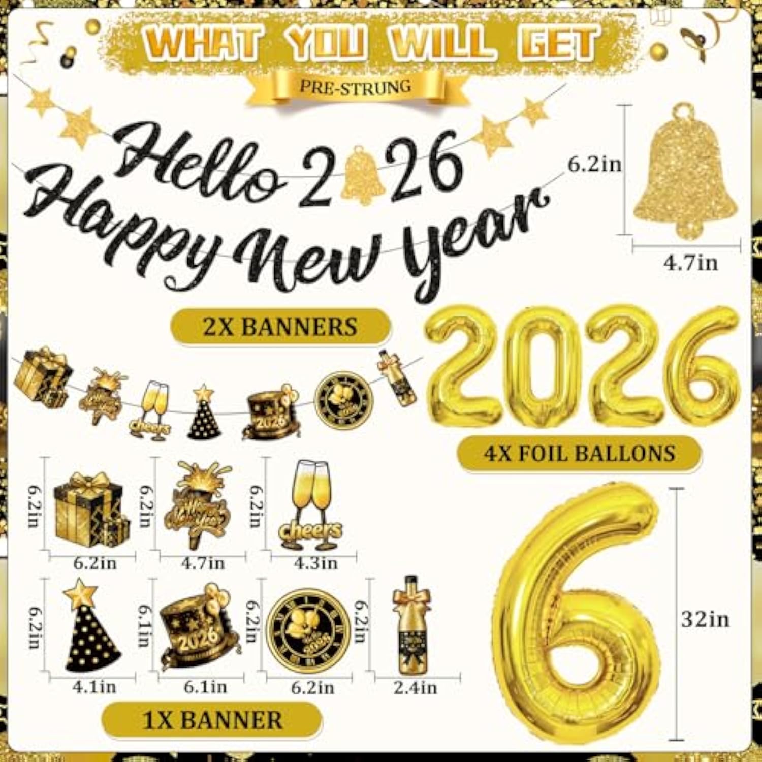 Pre-Strung Hello 2026 New Year Banner Black Glitter Party Decorations