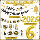 Pre-Strung Hello 2026 New Year Banner Black Glitter Party Decorations