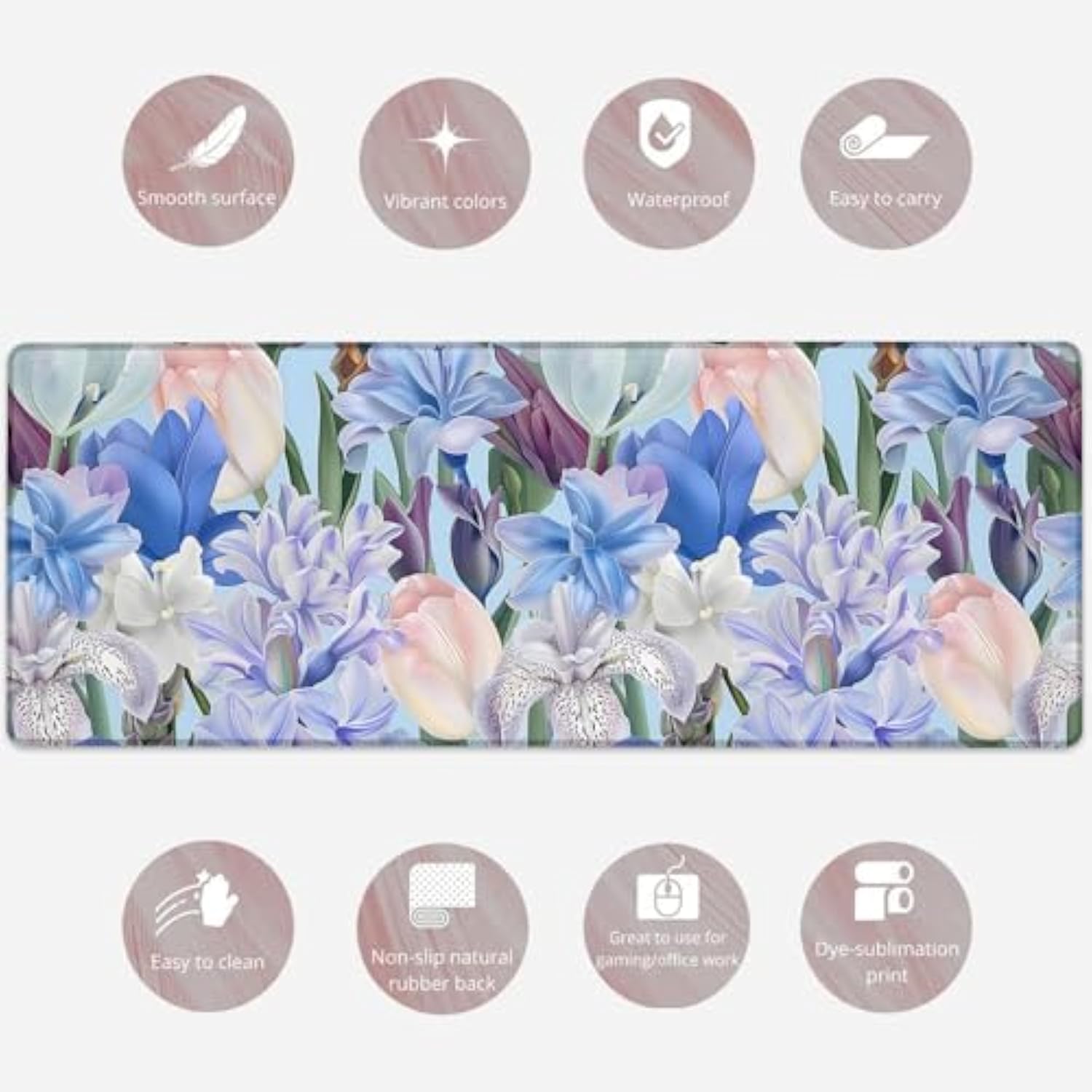 Beautiful Floral Gaming Mouse Pad, Large Soft Blue & White Flower Desk Mat For Keyboard Laptop Computer, Non-Slip Rubber Base Extended Desktop Mousepad For Home Office Accessories 31.5"×11.8"