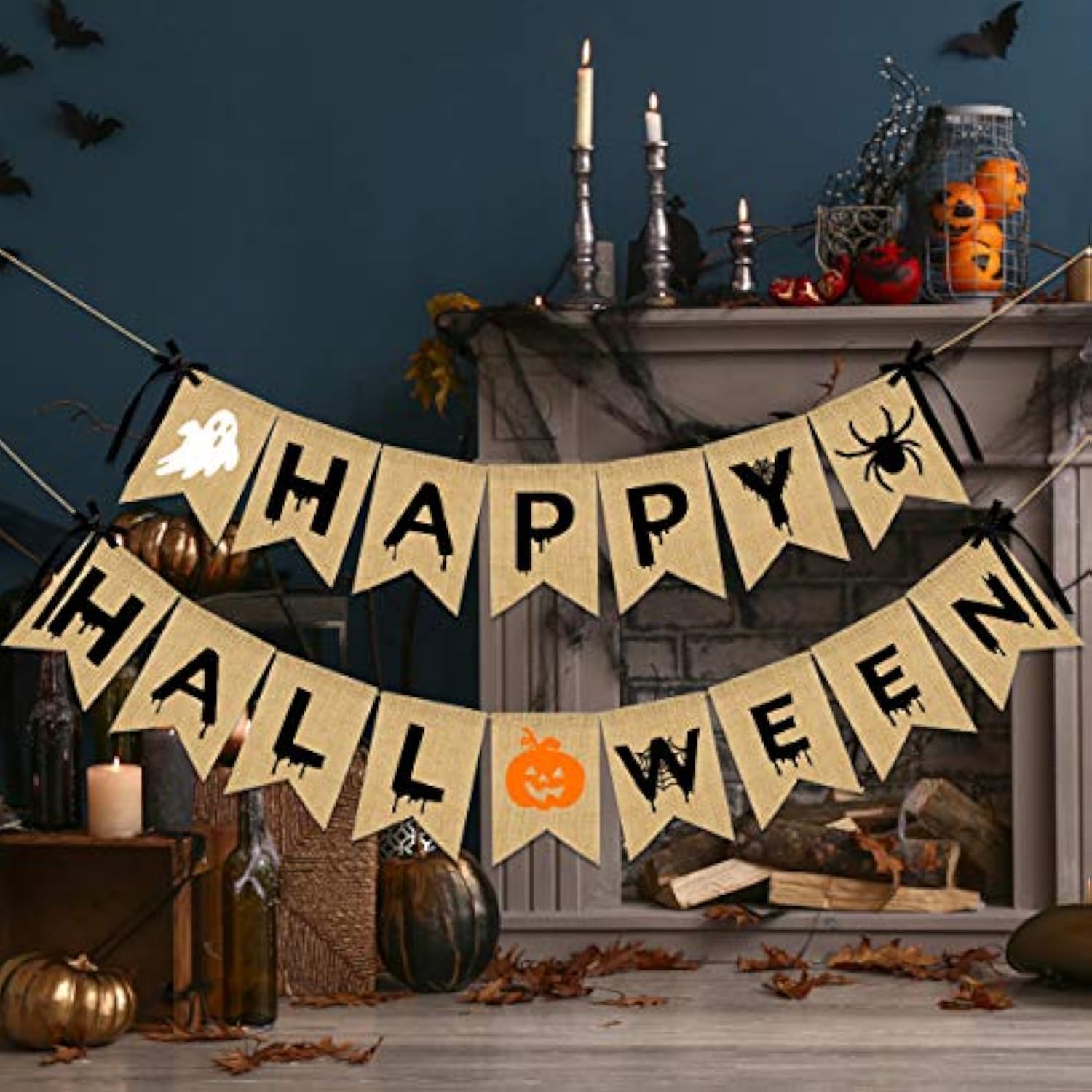 Happy Halloween Burlap Banner Party Decoration for Haunted House Home Mantle Indoor Decor
