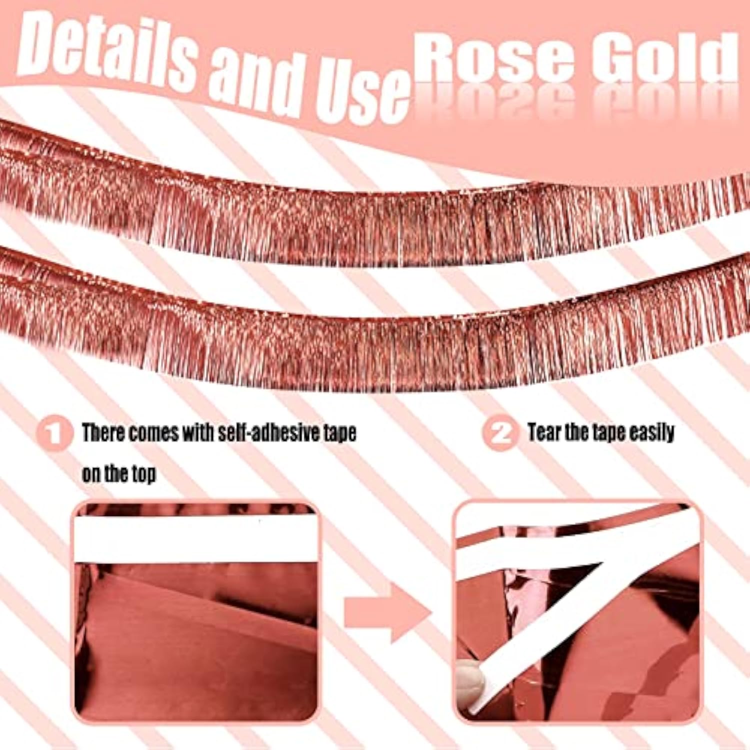 6 Pack 10 Feet Rose Gold Foil Fringe Garland Metallic Tinsel Streamers Banner Wall Hanging Curtain Backdrop Banner For Parade Floats, Thanksgiving, Christmas, Birthday, Halloween Party Decorations