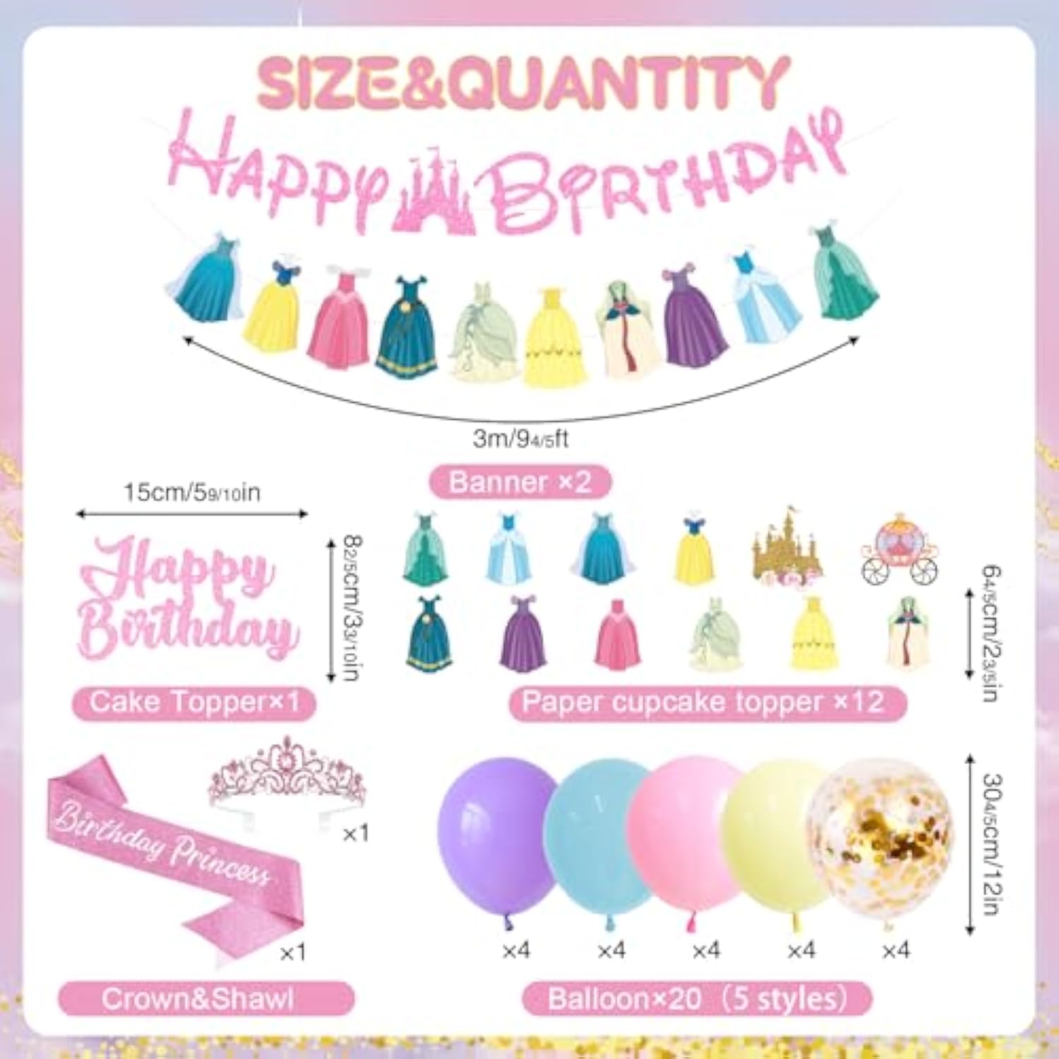 Princess Birthday Party Decorations, 166Pcs Princess Party Girls Decorations Set Includes Prin Cess Plates Napkins Cups Tablecloth Serve 16, Shoulder Strap Crown, Banner Garland Cake Toppers Balloons