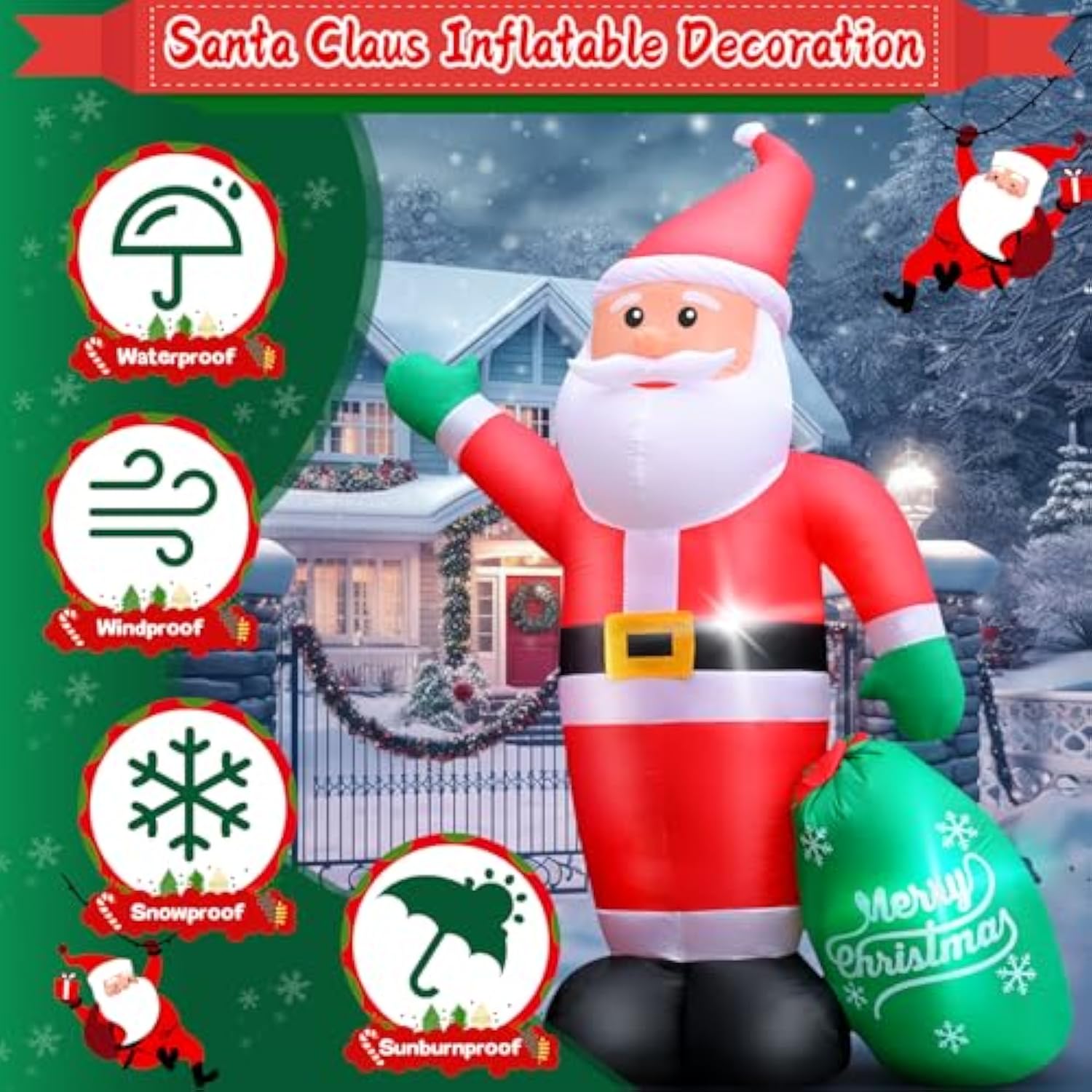 Christmas Inflatable Santa Outdoor Decoration: 8 Ft Blow Up Santa Claus Carry Gift Bag- Built-In Leds For Christmas Part