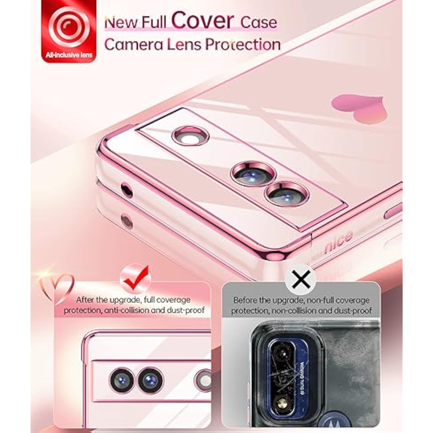For Google Pixel 7A Case: With Tempered Glass Screen Protector [2 Pcs]+ Full Camera Lens Protection, Love Heart Plating Girly Women Cute Luxury Soft Tpu Shockproof Case, Pink