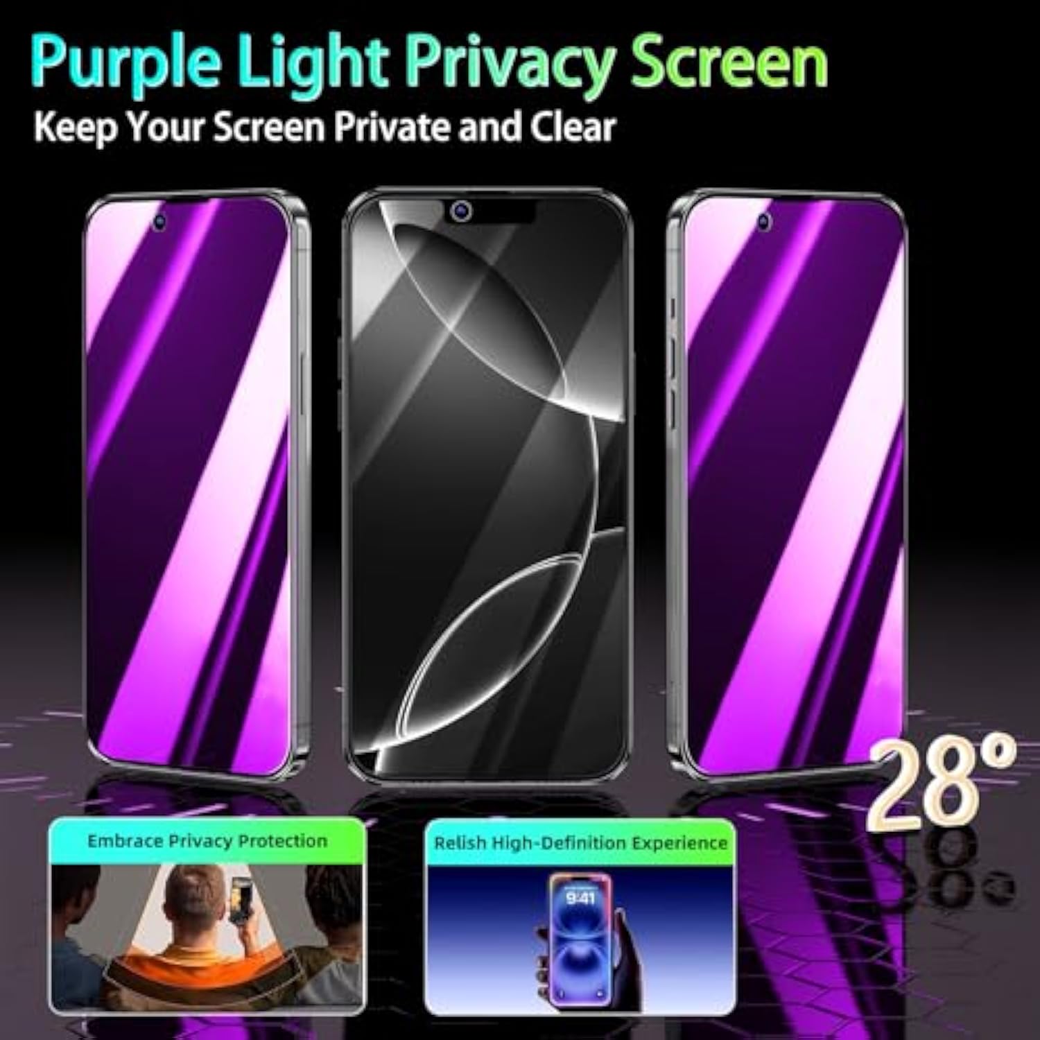 2 Pack Privacy Screen Protector For Iphone 14, Iphone 13 Pro, Iphone 13 6.1 Inch Anti Spy Private Tempered Glass Film, Purple Gradient Anti Blue Light, Anti-Scratch, Full Coverage