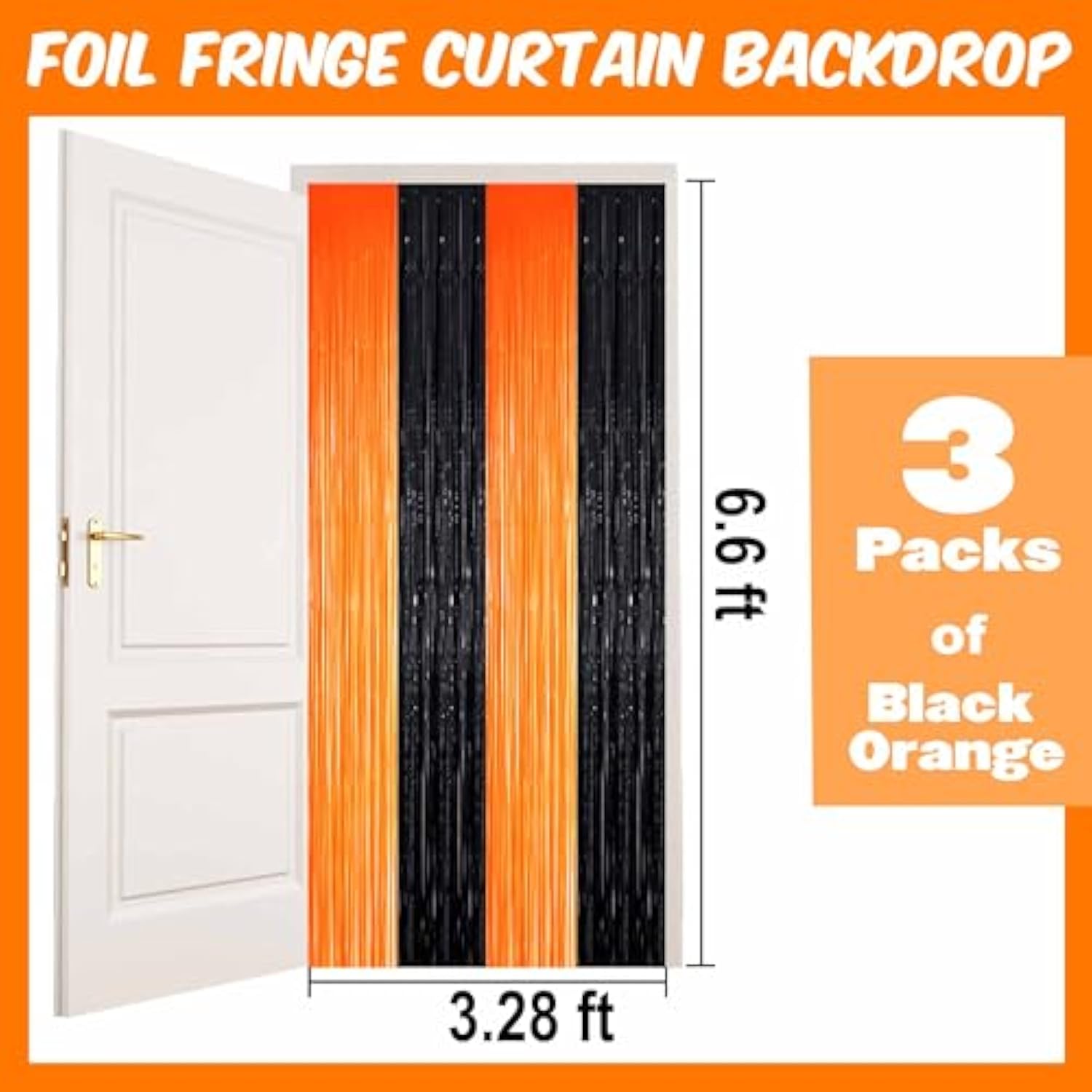3 Pack Black Orange Foil Fringe Curtains 3.28x6.6ft Backdrop for Halloween Party Decor
