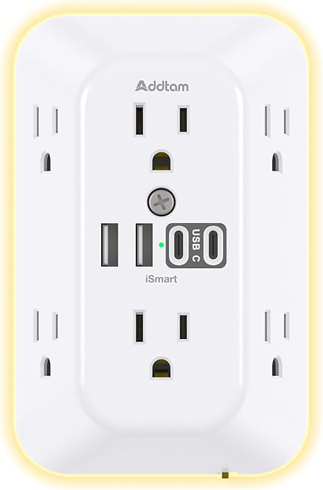 Surge Protector Outlet Extender 6 Outlets 4 USB Ports Night Light 1800J Wall Plug White