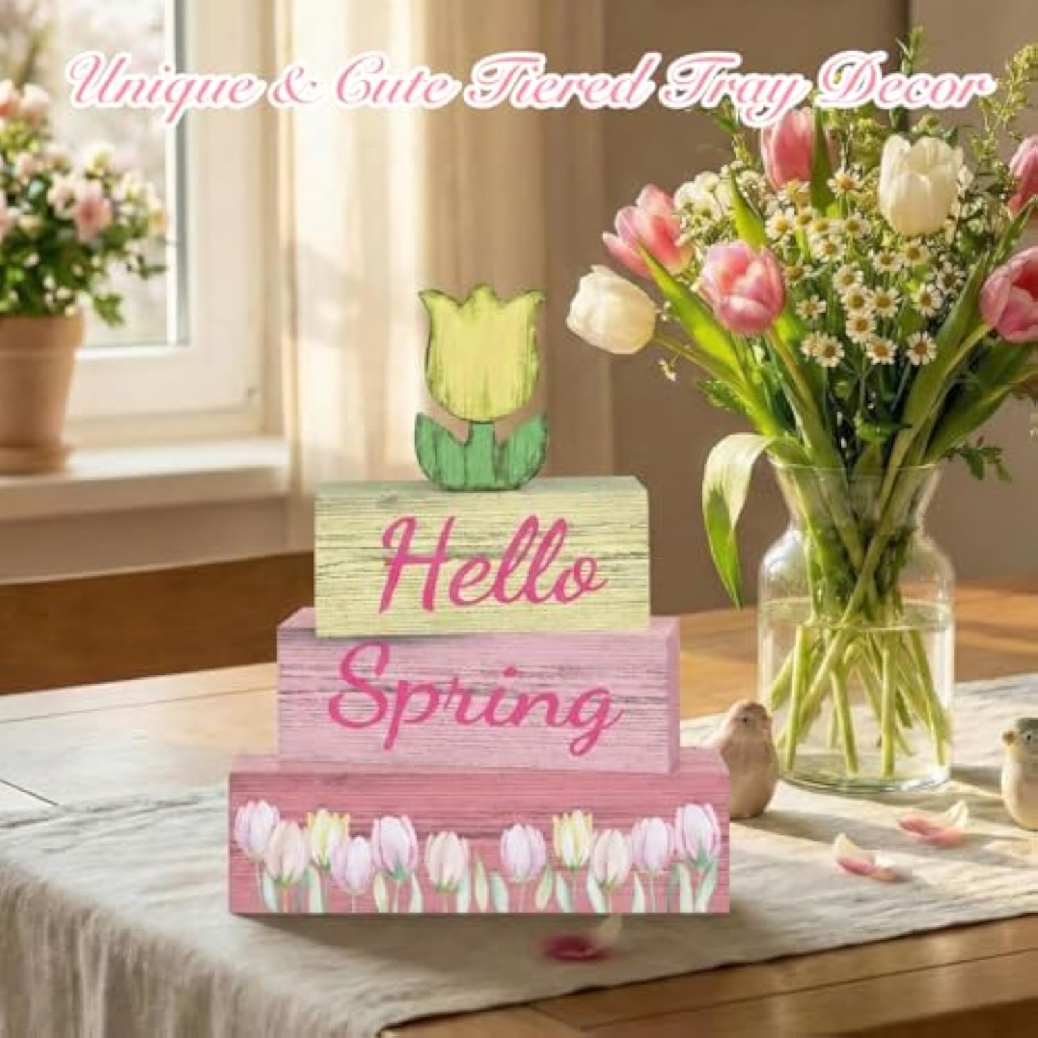 4 Pcs Hello Spring Sign Rustic Spring Centerpiece Tulip Decor Tiered Tray Decor Decorations For Home Office Table Mini Springtime Art Desk Accessories Gifts For Women