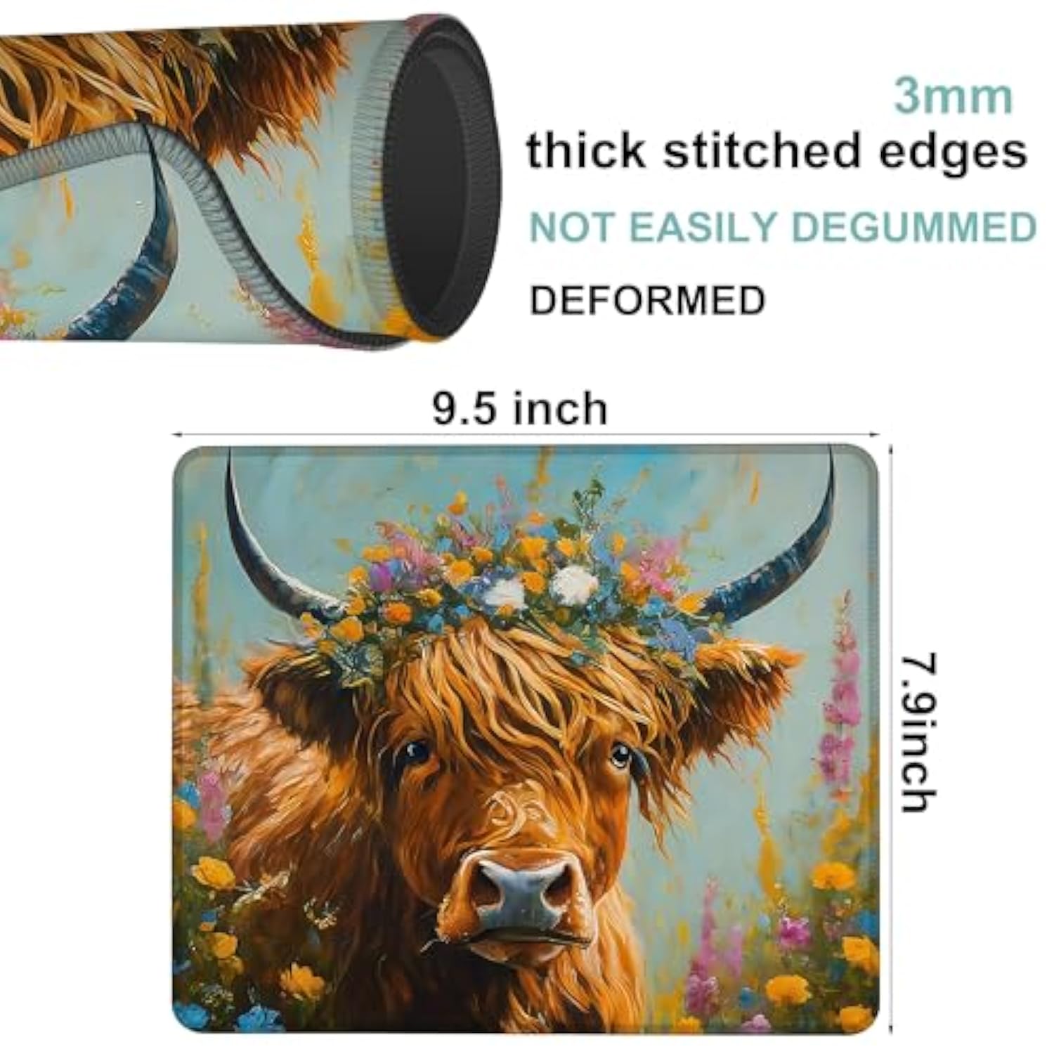 Mouse Pad Cow With A Flower Wreath Computer Mousepad Washable Non-Slip Rubber Base Mouse Mat,Laptop Desk Accessories Decoration 9.5 Inches X 7.9 Inches