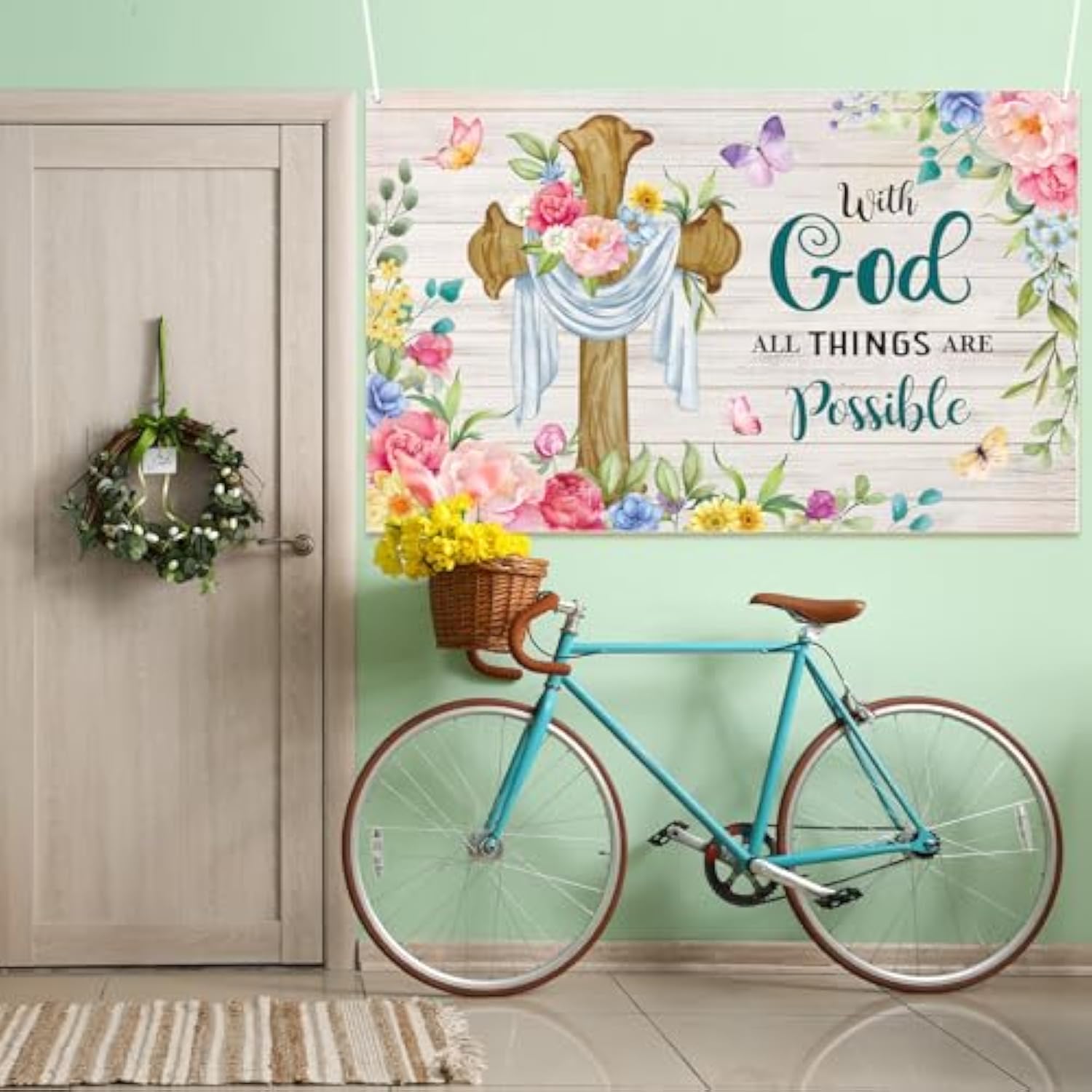 Spring Backdrop Christian Cross Banner With God All Things Are Possible Spring Easter Butterfly Flowers Wall Backdrops For Home Office Background Holiday Photo Prop, 43.3'' X 72.8''