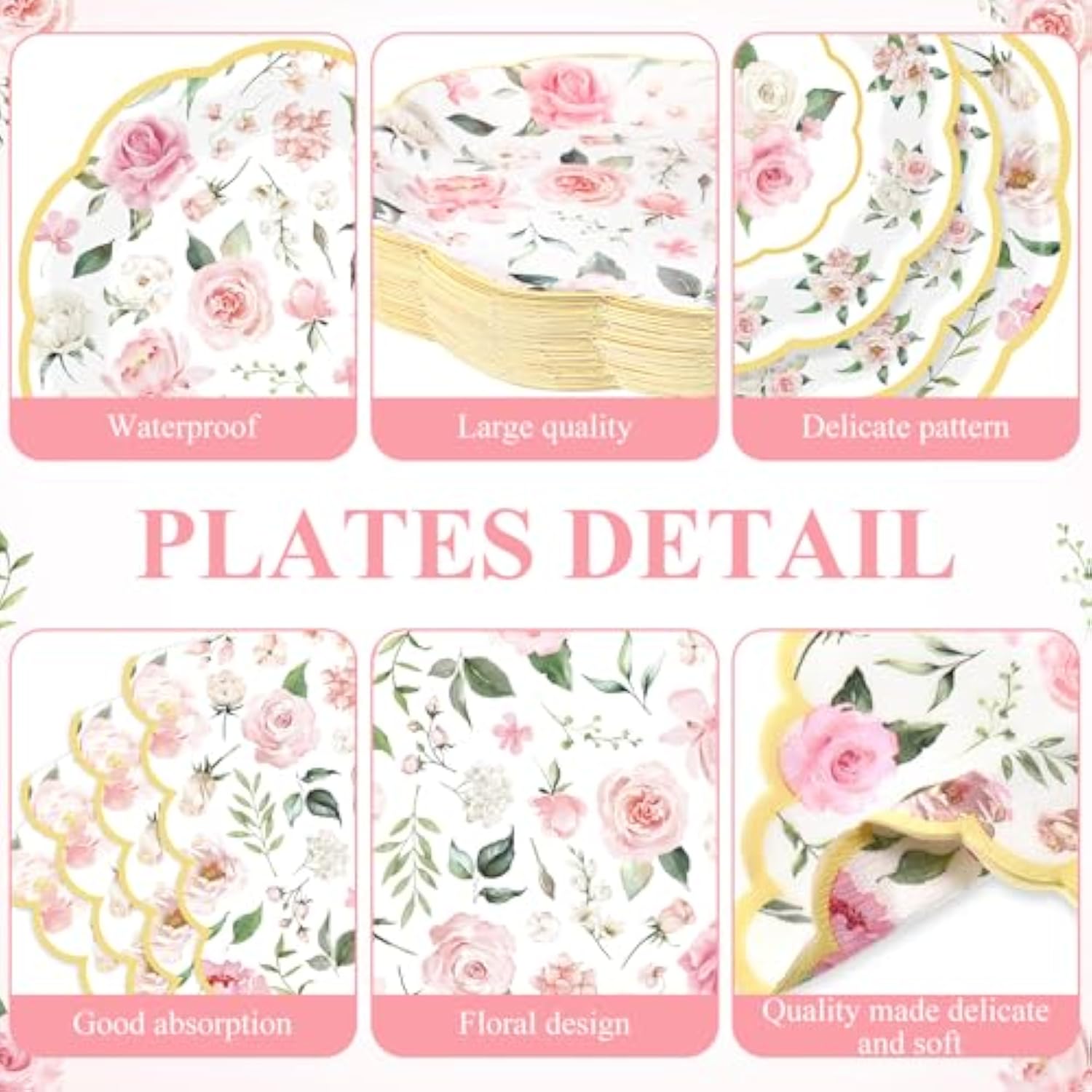 250Pc Pink Gold Floral Tableware Set Plates Napkins Cups for Parties Serves 50