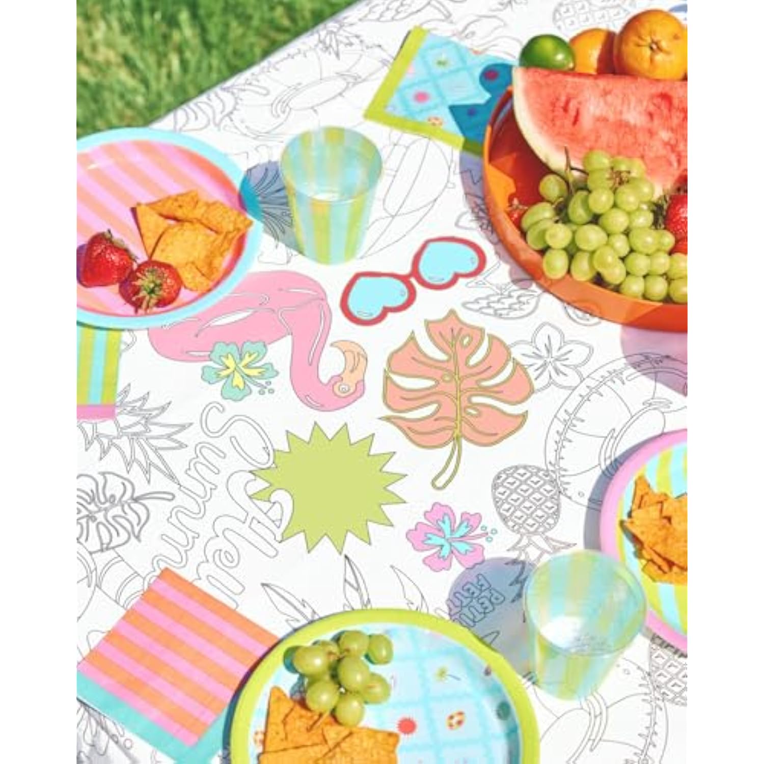 Pool Party Paper Coloring Tablecloth - 9' X 4.5' | Summer Tablescape, Palm Tree Dinner Party Setting, Kids Birthday Decoration, Cute Tablecover, Beach Table Diy