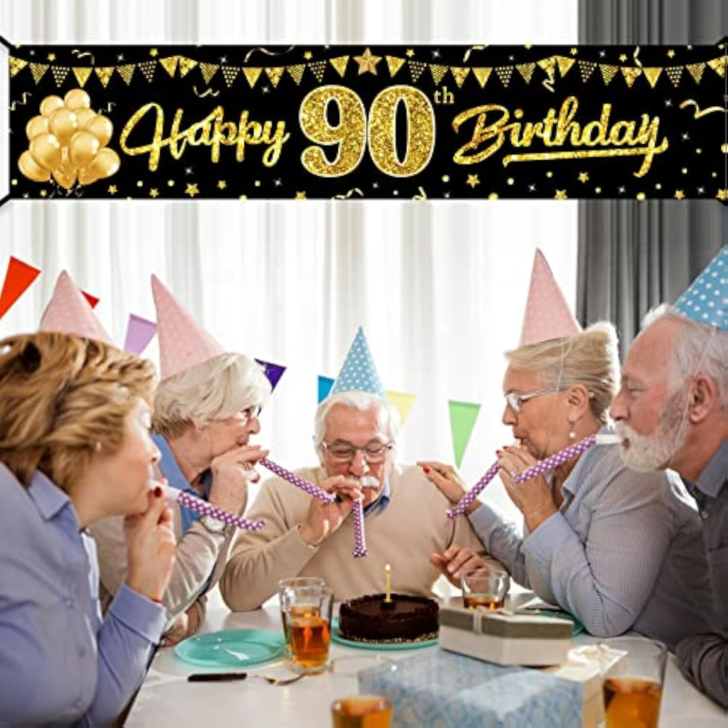 Happy 90th Birthday Banner – Black & Gold Party Sign for Indoor/Outdoor 90th Celebration Decor