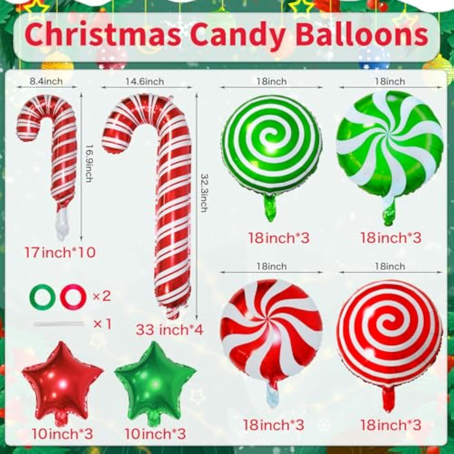 34Pcs Christmas Foil Balloons Set Candy Cane Mylar Xmas New Year Party Decor