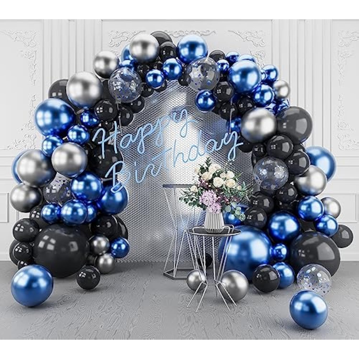 Blue Silver Black Balloons Garland Arch Kit-123Pcs Confetti Metallic Blue Balloons Party Decoration For Baby Shower Birthday New Years Graduation Anniversary Retirement