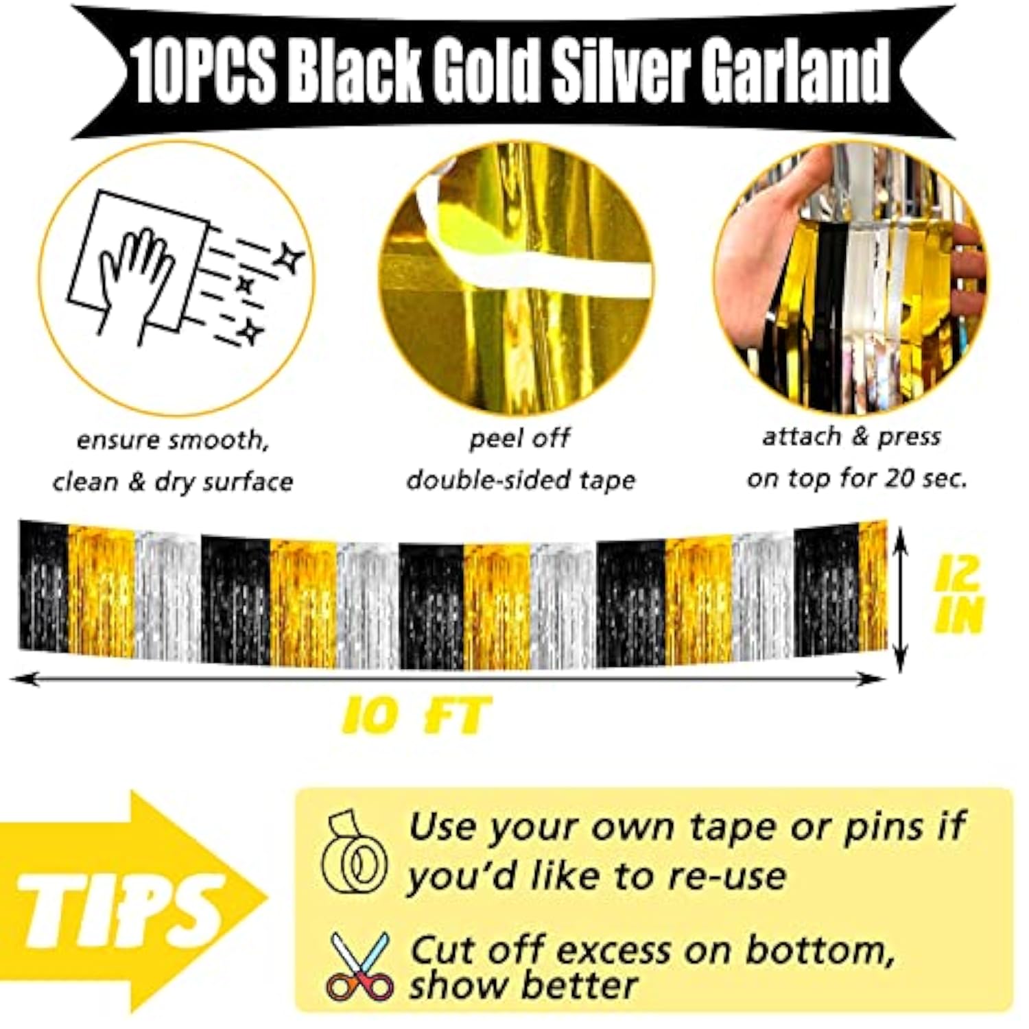 10 Pack 10 Feet Foil Fringe Garland Metallic Tassle Banner Wall Hanging Tinsel Streamers Backdrop For Parade Floats, Notorious One Birthday Roaring 20S Graduation Party Decorations(Black Gold Silver)