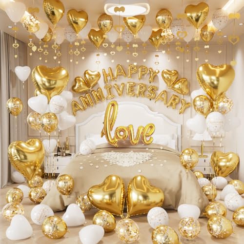 Happy Anniversary Decorations, Gold White Balloons, Heart Balloons