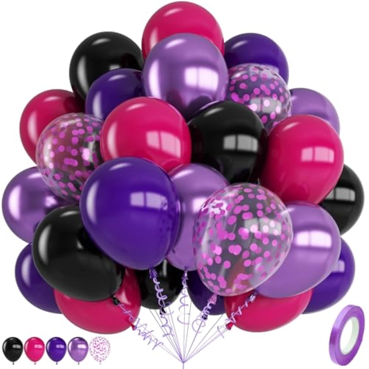 Black Purple Balloons, 12 Inch Hot Pink Black Party Balloons, Metallic Purple Black Hot Pink Matte Purple Latex Balloon With Confetti Balloon For Kids Girls Birthday Baby Shower Party Decorations