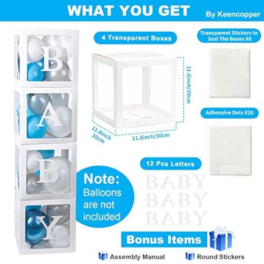 Baby Boxes With 12 Letters For Baby Shower, Baby Shower Decorations For Boy Or Girl, 4 Pcs Transparent Balloon Boxes Clear Blocks For 1St Birthday, Gender Reveal Party Supplies Background