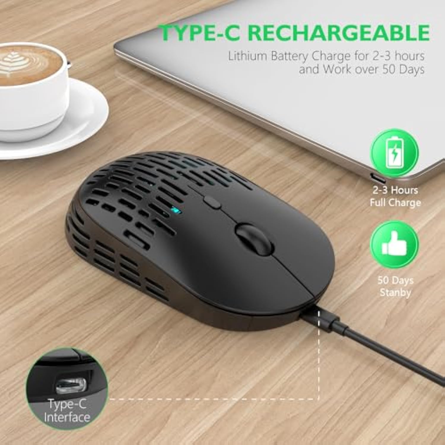 Bluetooth Wireless Mouse - (Bt+Usb-C Receiver) Dual Mode, Rechargeable, Lightweight, Silent Computer Mice With Type C Receiver, Usb C Mouse For Macbook, Laptop, Tablet, Chromebook (Black)