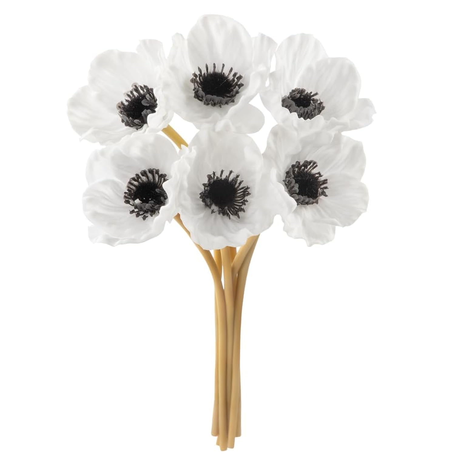 Real Touch White Anemone Bouquet - 10" Artificial Flowers For Home Decor, Weddings, Easter | Bendable Stems With Black Centers (7 Pack, Latex)