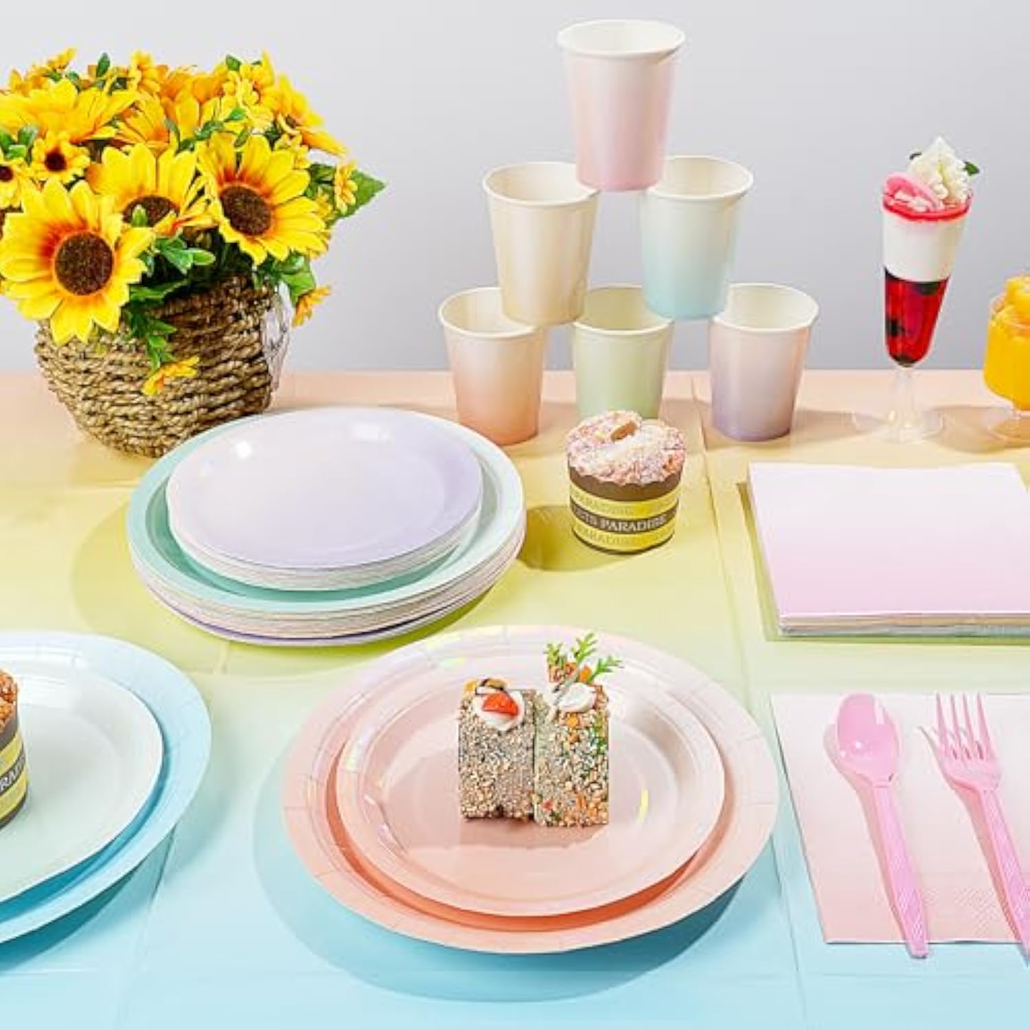 Iridescent Pastel Plates And Napkins Serve 25, Pastel Rainbow Holographic Party Plates Supplies, Disposable Paper Plates Napkins Cups Knives Forks For Birthday Wedding Baby Shower Party Decorations