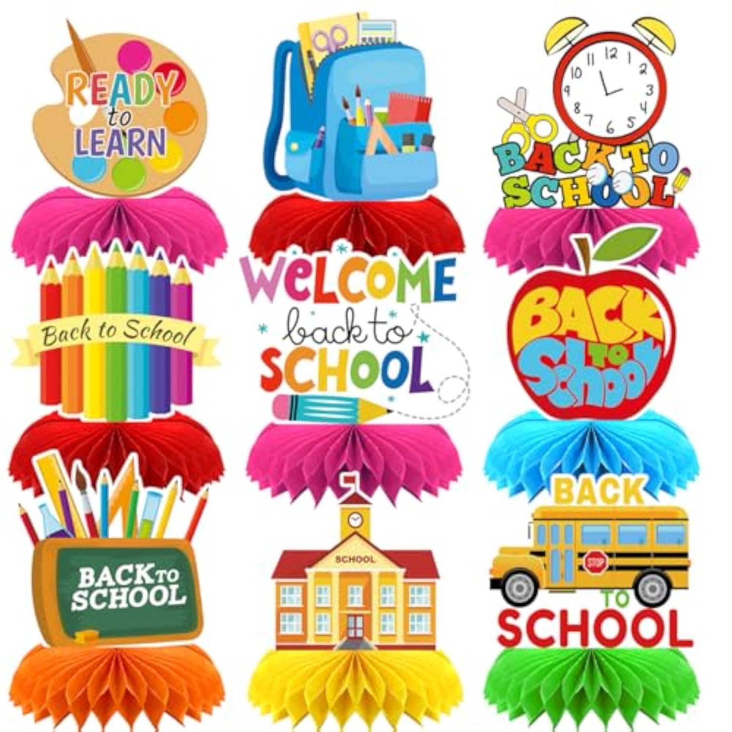 Back To School Table Decorations 9 Pcs, Back To School Honeycomb Centerpiece Table Toppers - Back To School Party Supplies Perfect For Classroom Decorations And School Events