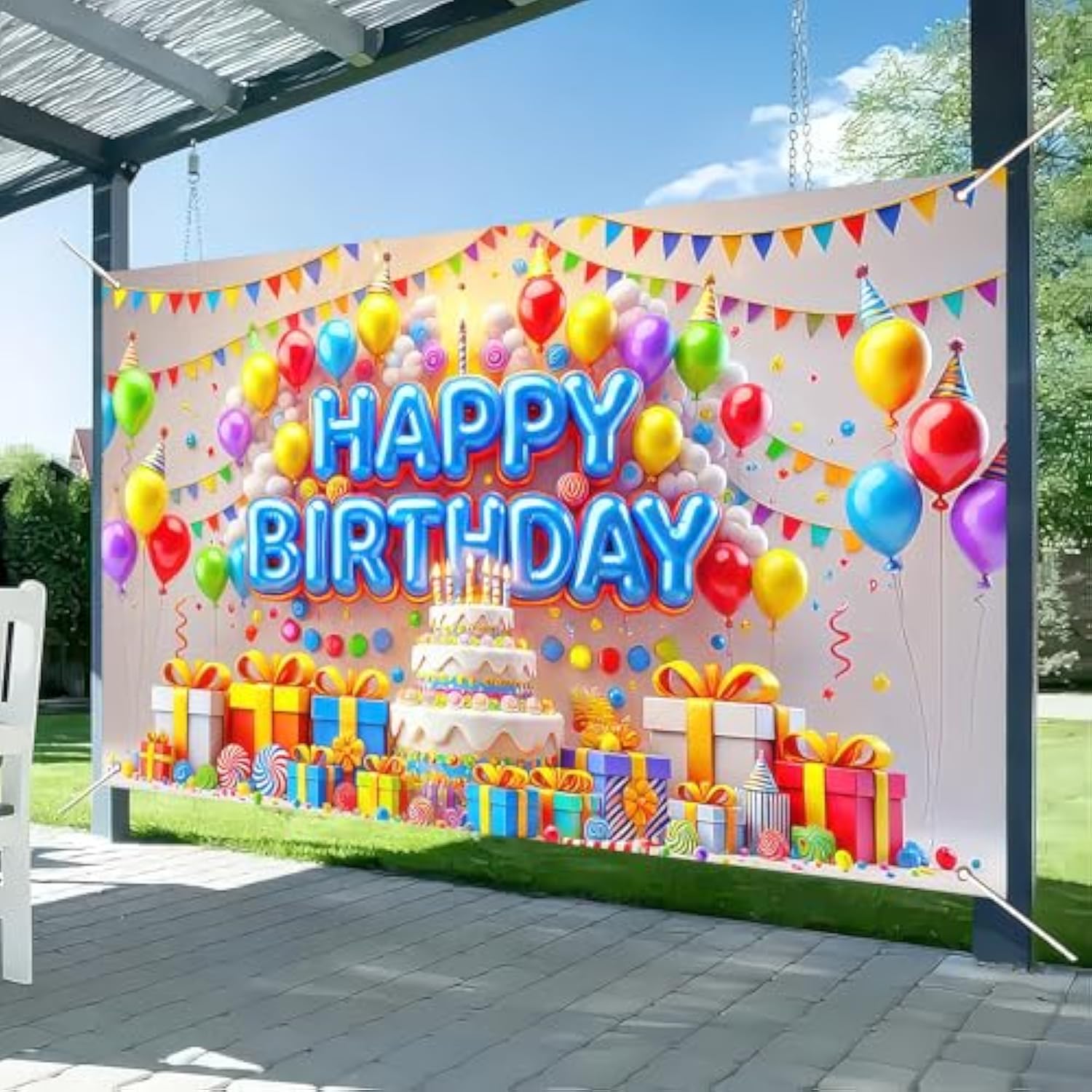 Happy Birthday Banner 71X43 Inch Kids Party Decoration With Cake And Balloons Backdrop For Girl Boys Backdrop Happy Birthday Scene Wall Display For Celebration Outdoor Patio Lawn