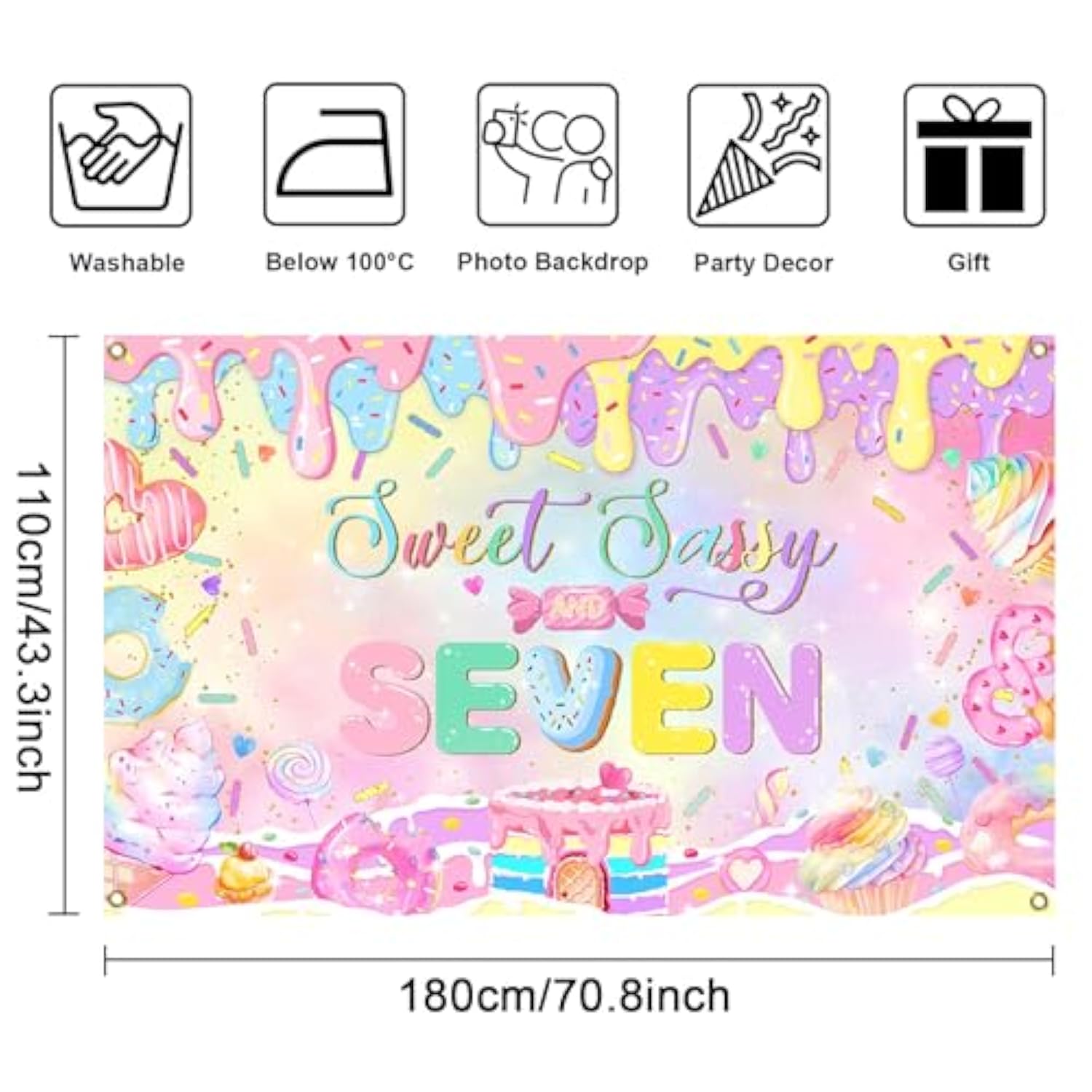 Donut 7th Birthday Backdrop Sweet Sassy Seven Banner for Girls Party (Pink)