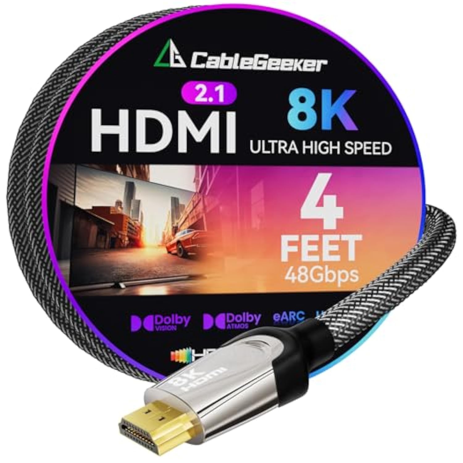8K Hdmi 2.1 Cable, 48Gbps Ultra Hd Lead High-Speed Cord, Supports 8K@60Hz, 4K@