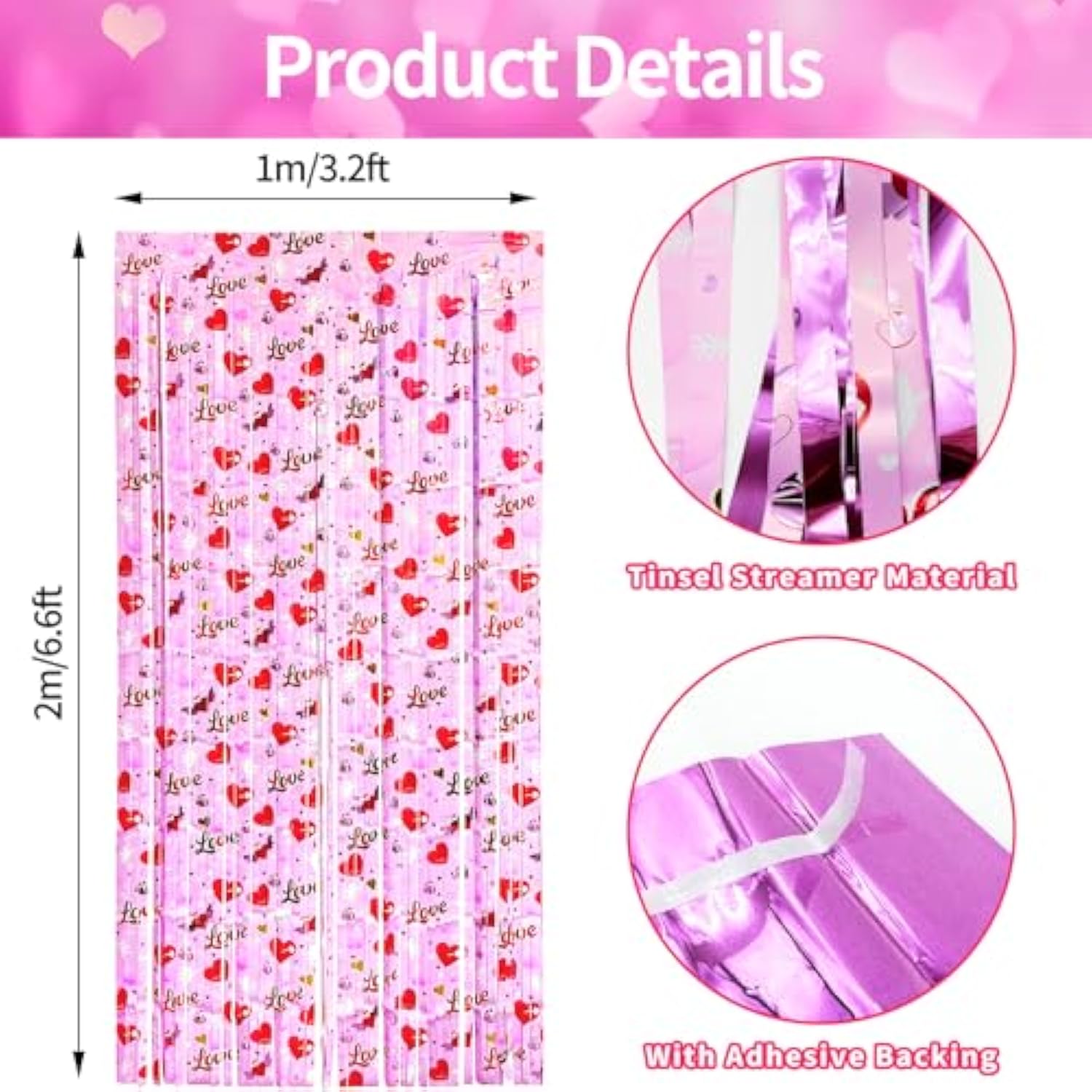 2 Pack 3.2Ft X 6.6Ft Valentine'S Day Love Metallic Foil Fringe Curtain