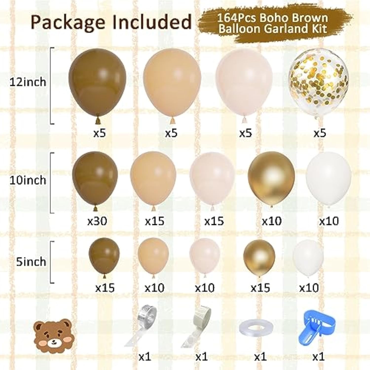 164Pcs Brown Balloons Garland Arch Kit, Nude Coffee Brown Blush Tan Neutral Beige Sand White Gold Balloons For Woodland Tedy Bear Baby Shower Jungle Safari Wedding Wild One Birthday Party Decorations