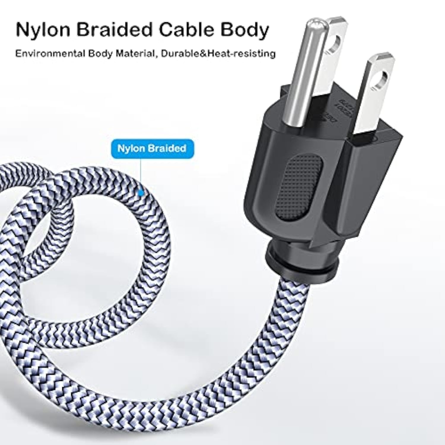 Power Cord, 10A 18Awg Ac Power Cable 10Ft(3M) Nylon Braided 3 Prong Power Cord Replacement Power Cable Ul Certified For Computer, Tv, Monitor, Printer, Pc, Projector, Power Supply