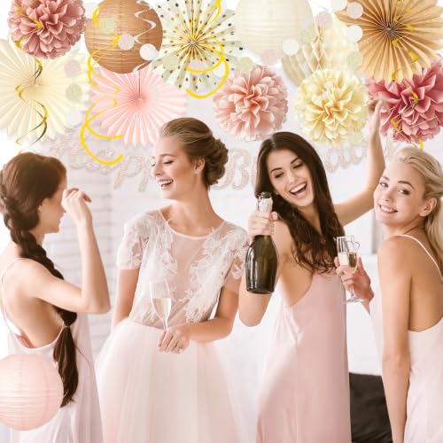 Champagne-Gold Beige Birthday Decorations for Women Girls, Boho Peach Paper Lanterns Tissue Pom Poms Fan Tassels Graland Anniversary Princess Backdrop Party Supplies