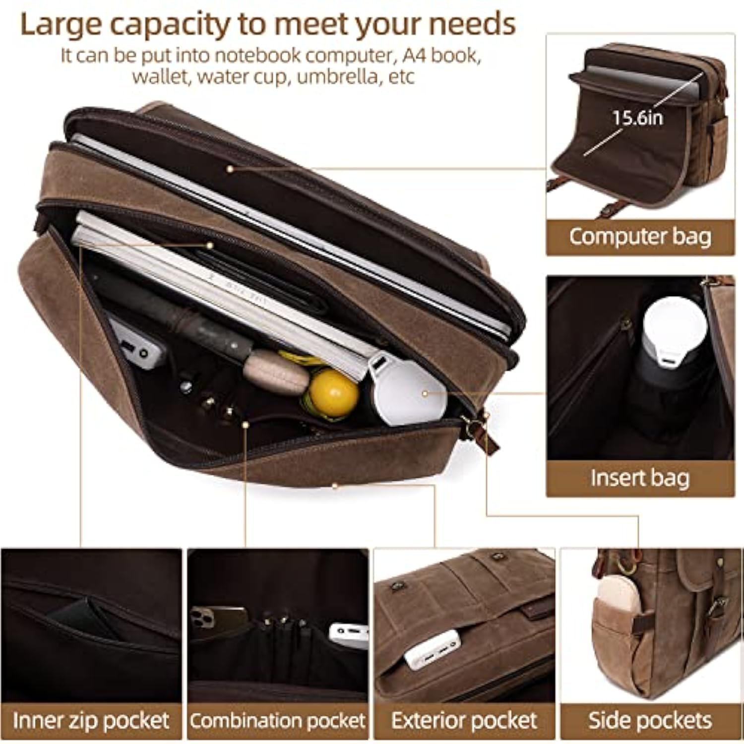 Genuine Leather Canvas Satchel Shoulder Briefcase Laptop Bag with USB & Headset Port