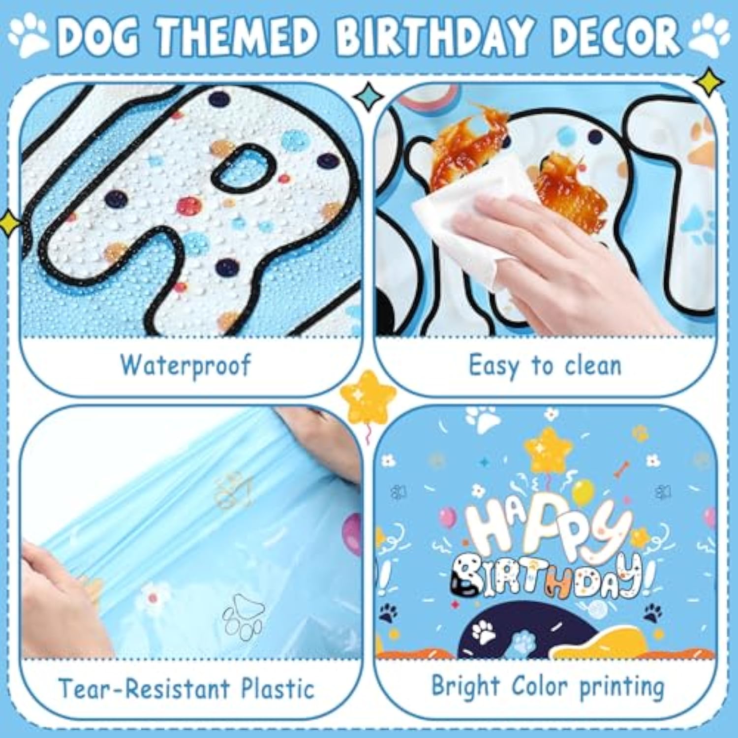 3 Pack Blue Dog Party Tablecloth Dog Them Birthday Decor 108'' × 54'' Blue Yellow Plastic Table Cloth Puppy Paw Prints Bone Disposable Rectangle Table Cover For Baby Shower Party Supplies
